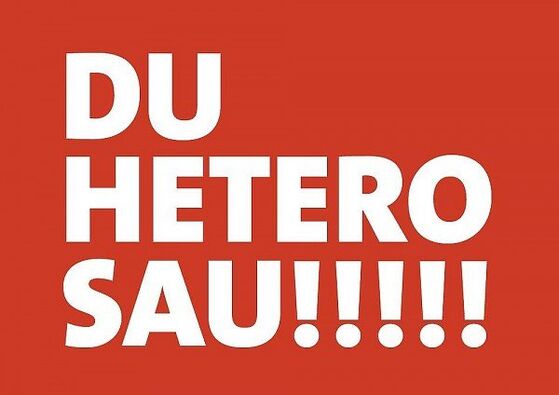 Die Vorderseite einer Postkarte, weißer Text mit rotem Hintergrund, mit Spruch "Du Hetero Sau!!!!!!"